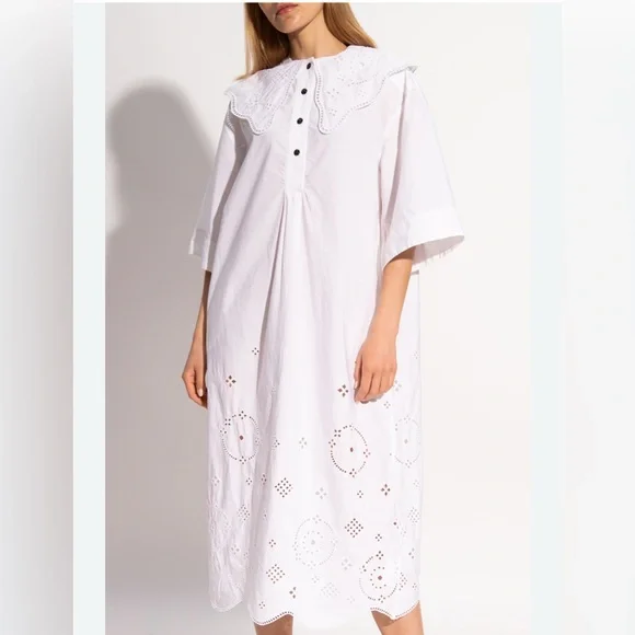GANNI White Organic Cotton Oversized Broderie Anglaise Dress - Picture 2 of 11